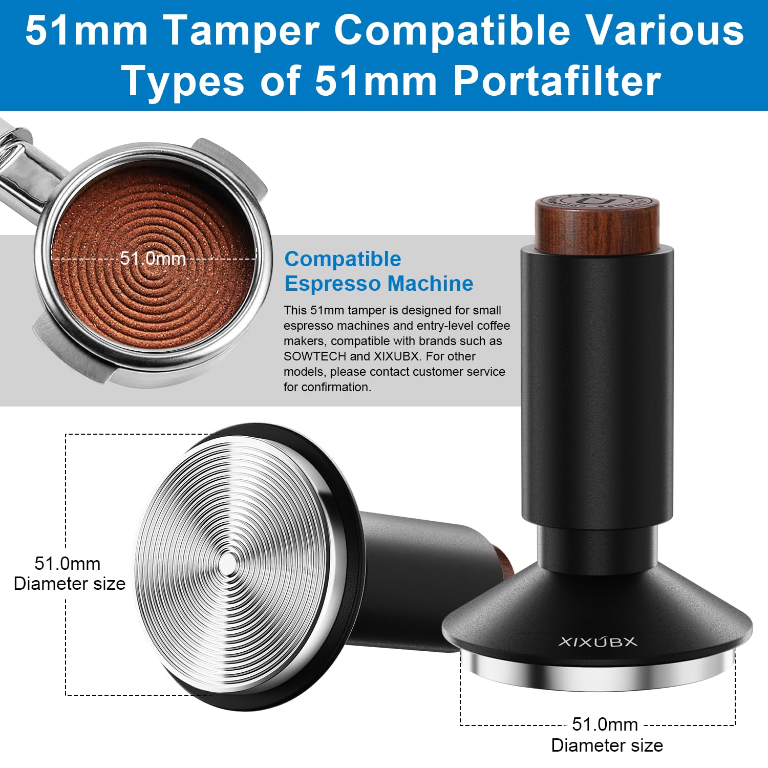 XIXUBX 51mm-53mm-58mm compatibility options for portafilters