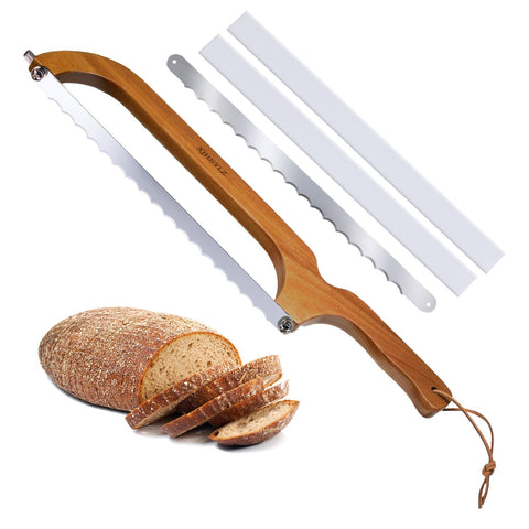 XJHEYLZ sourdough bread knife with wooden bow design for even slices.
