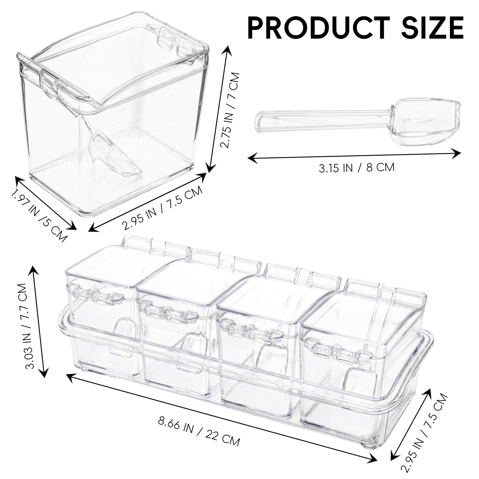 XJMWXHFC spice dispensers with spoons 4-pack showcasing neat storage