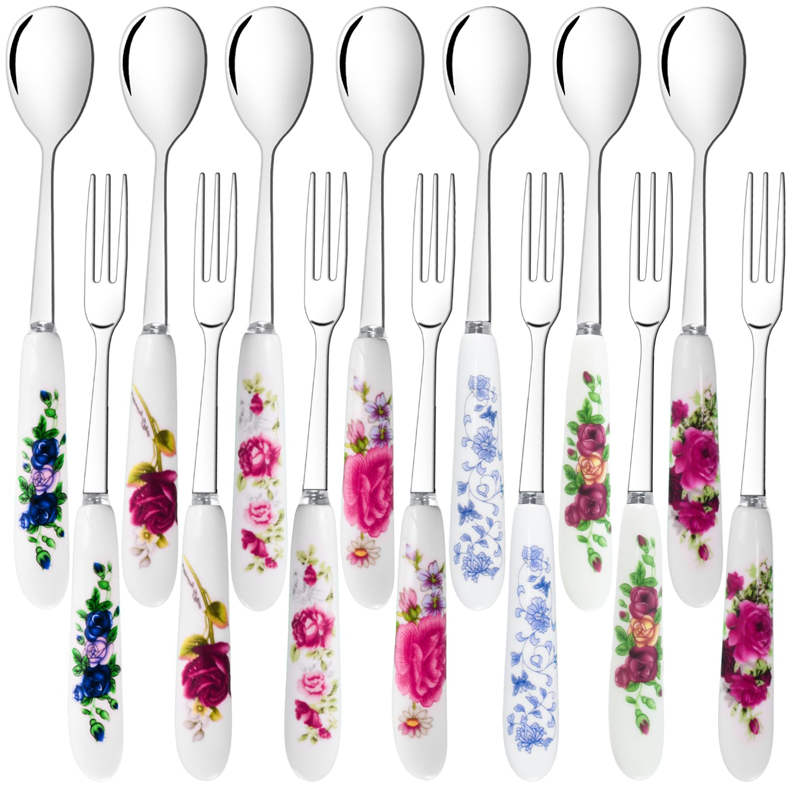 xlehoely dessert forks and spoons with flower-pattern ceramic handles for elegant tea time