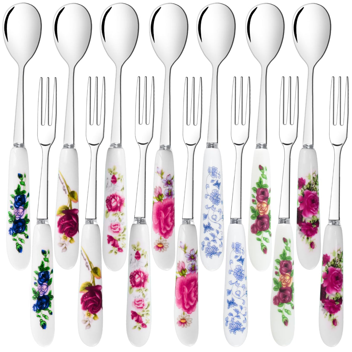 xlehoely dessert forks and spoons with flower-pattern ceramic handles for elegant tea time