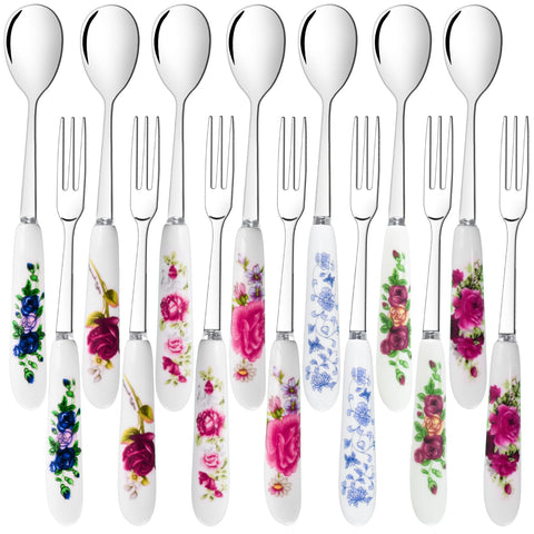 xlehoely dessert forks and spoons with flower-pattern ceramic handles for elegant tea time