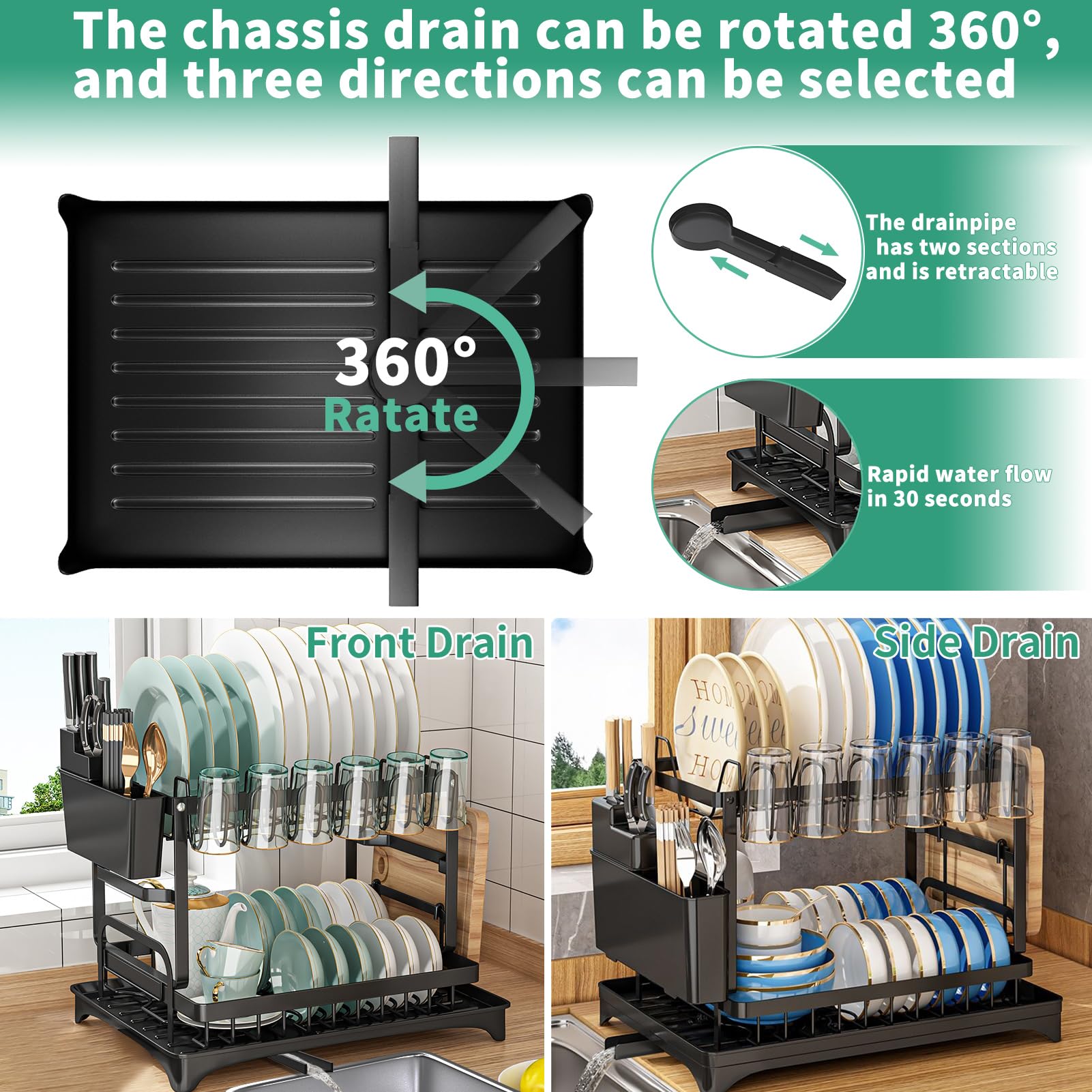 XLMYS drainboard with 360° swivel outlet for quick drainage.