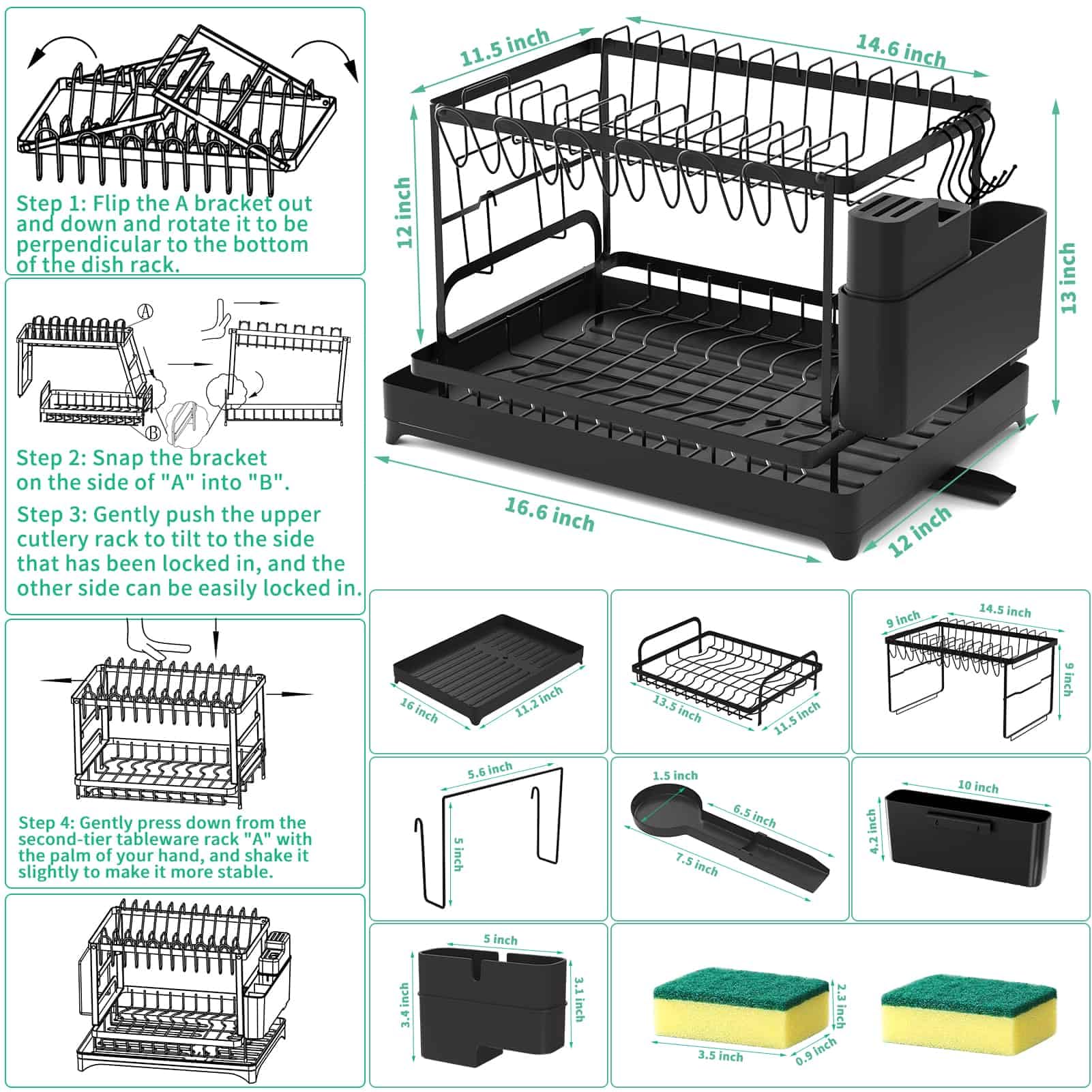 XLMYS multifunctional kitchen drying rack holds cups, boards, and utensils.