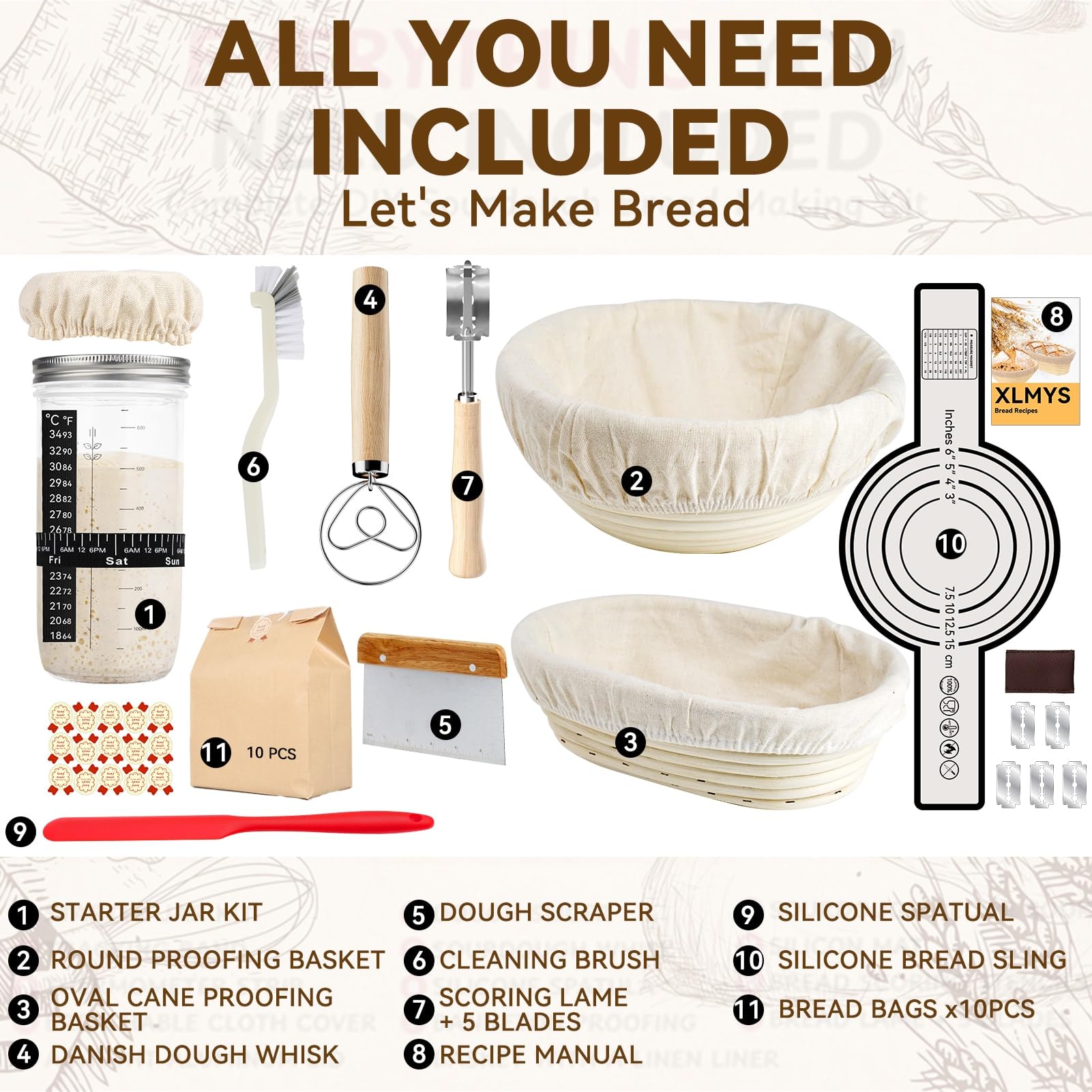 XLMYS sourdough starter kit oval banneton for consistent shaping and moisture control.