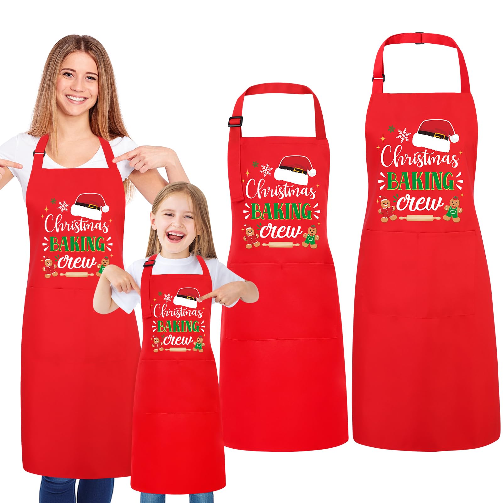 XLSXEXCL Christmas matching aprons family set displayed on counter for festive baking