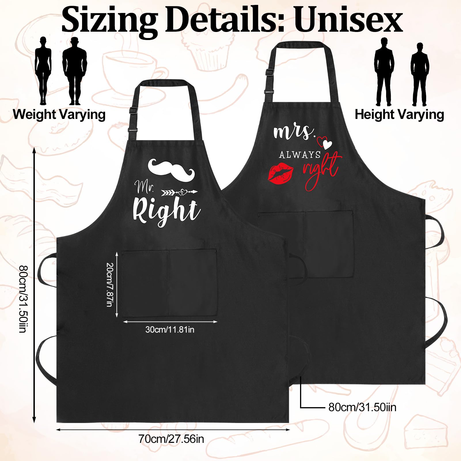 XLSXEXCL Mrs Always Right apron pairs for couples' kitchen fun.