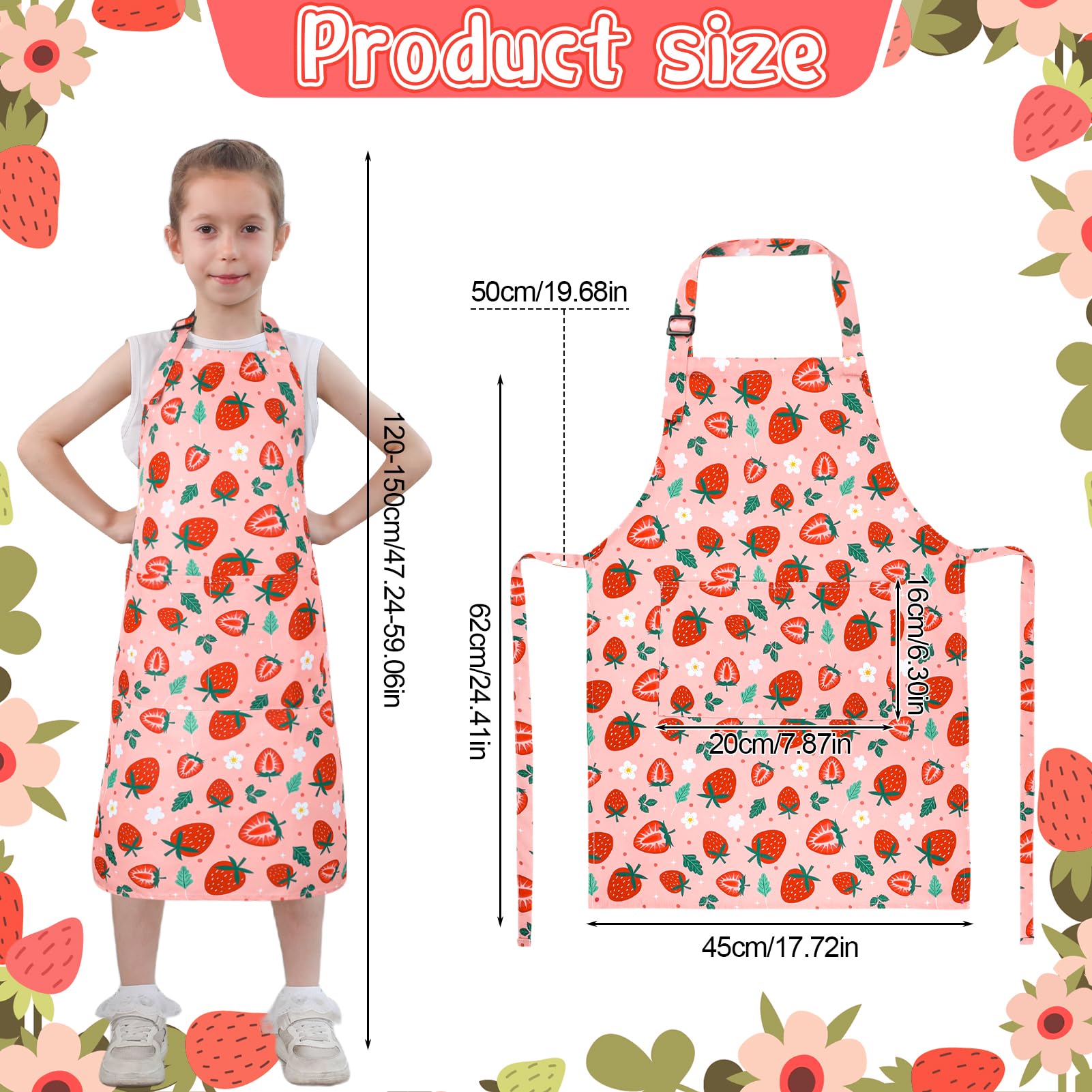 XLSXEXCL strawberry kids apron back view shows adjustable neck strap for a comfy fit