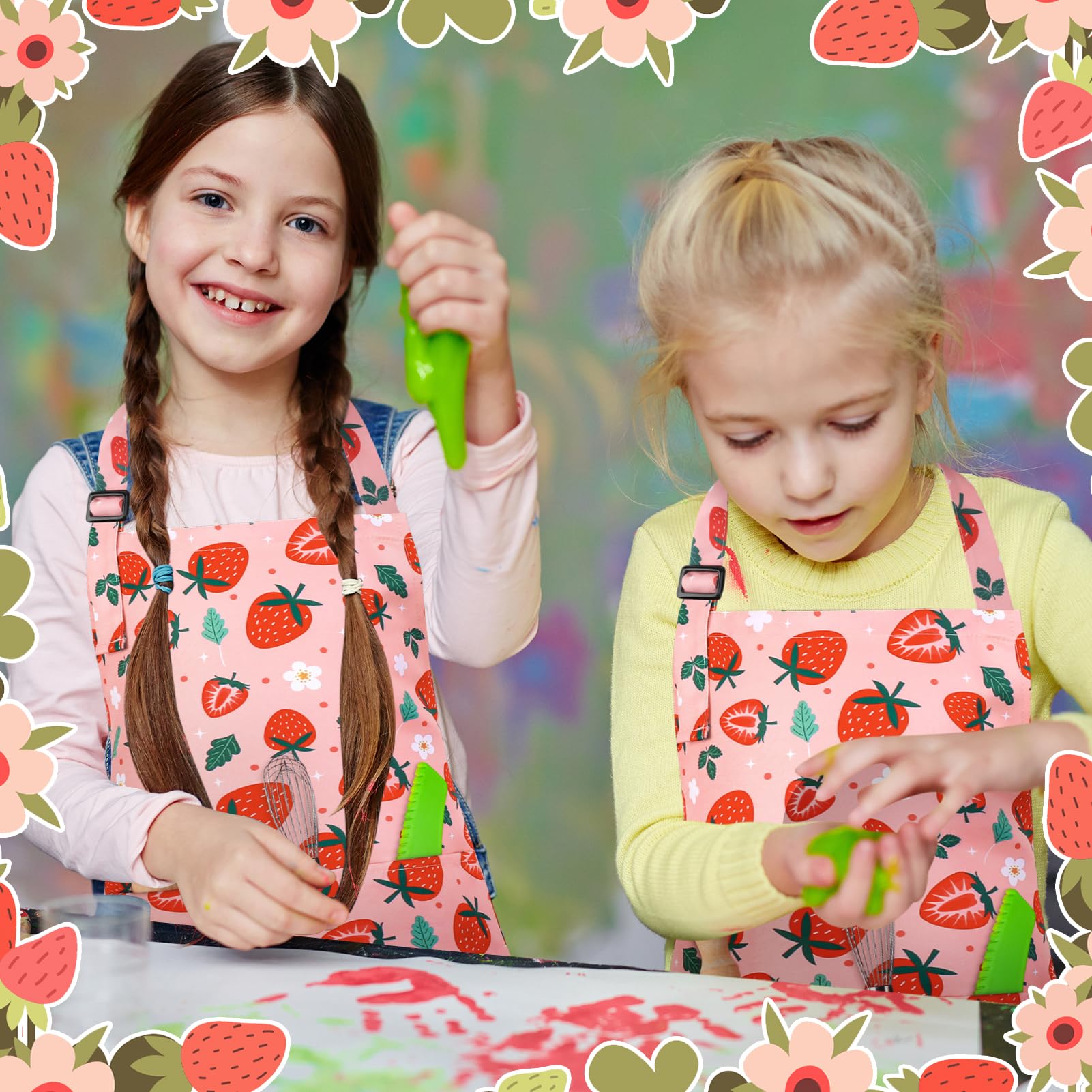 XLSXEXCL strawberry kids apron child painting wearing apron in action