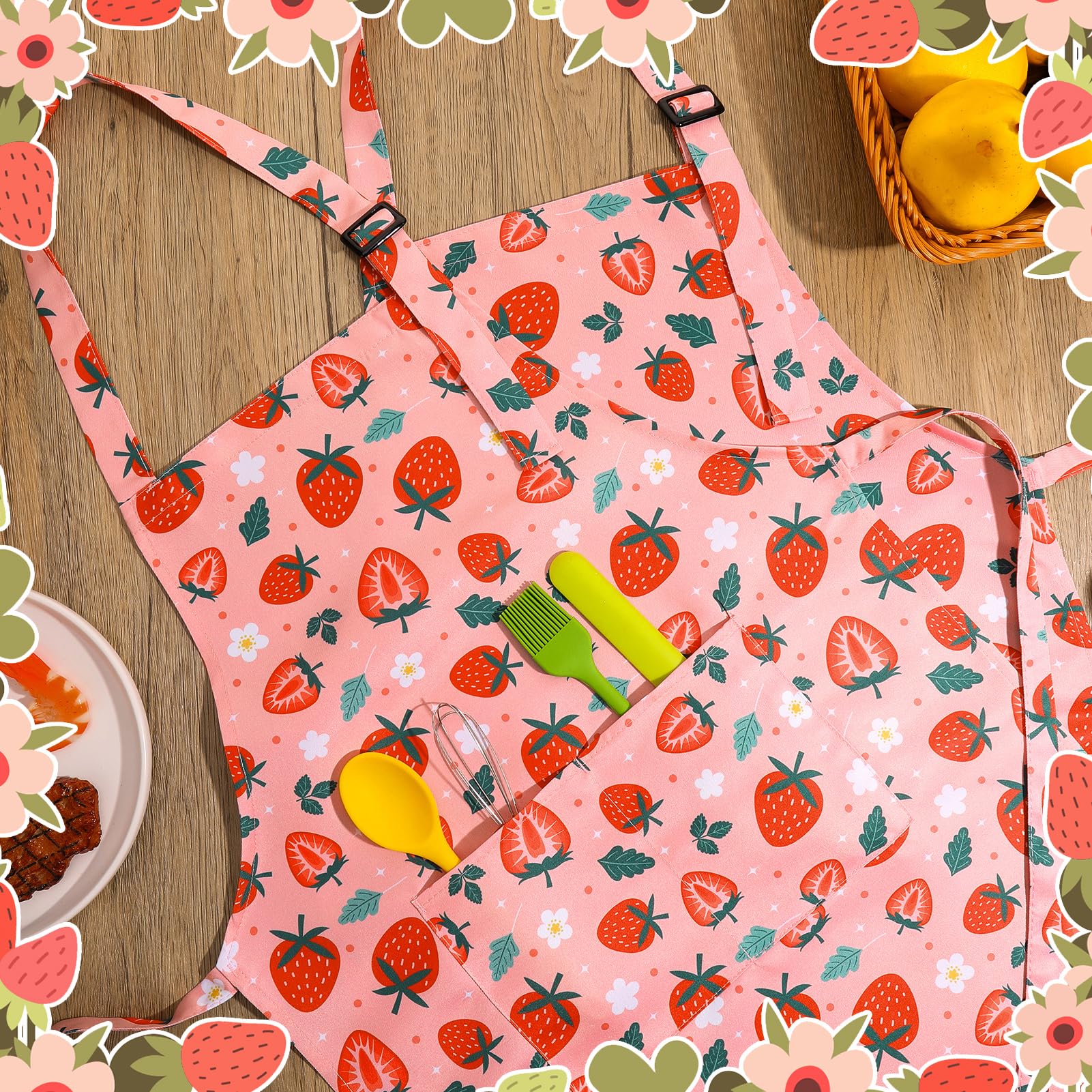 XLSXEXCL strawberry kids apron two pockets for utensils and brushes