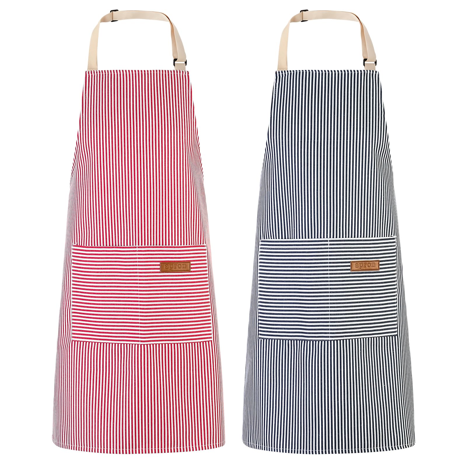 XLSXEXCL striped apron front view shows two pockets for easy utensil storage.