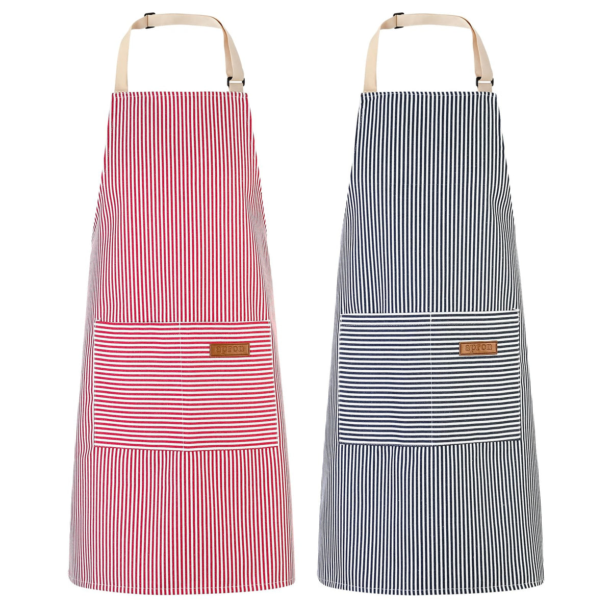 XLSXEXCL striped apron front view shows two pockets for easy utensil storage.