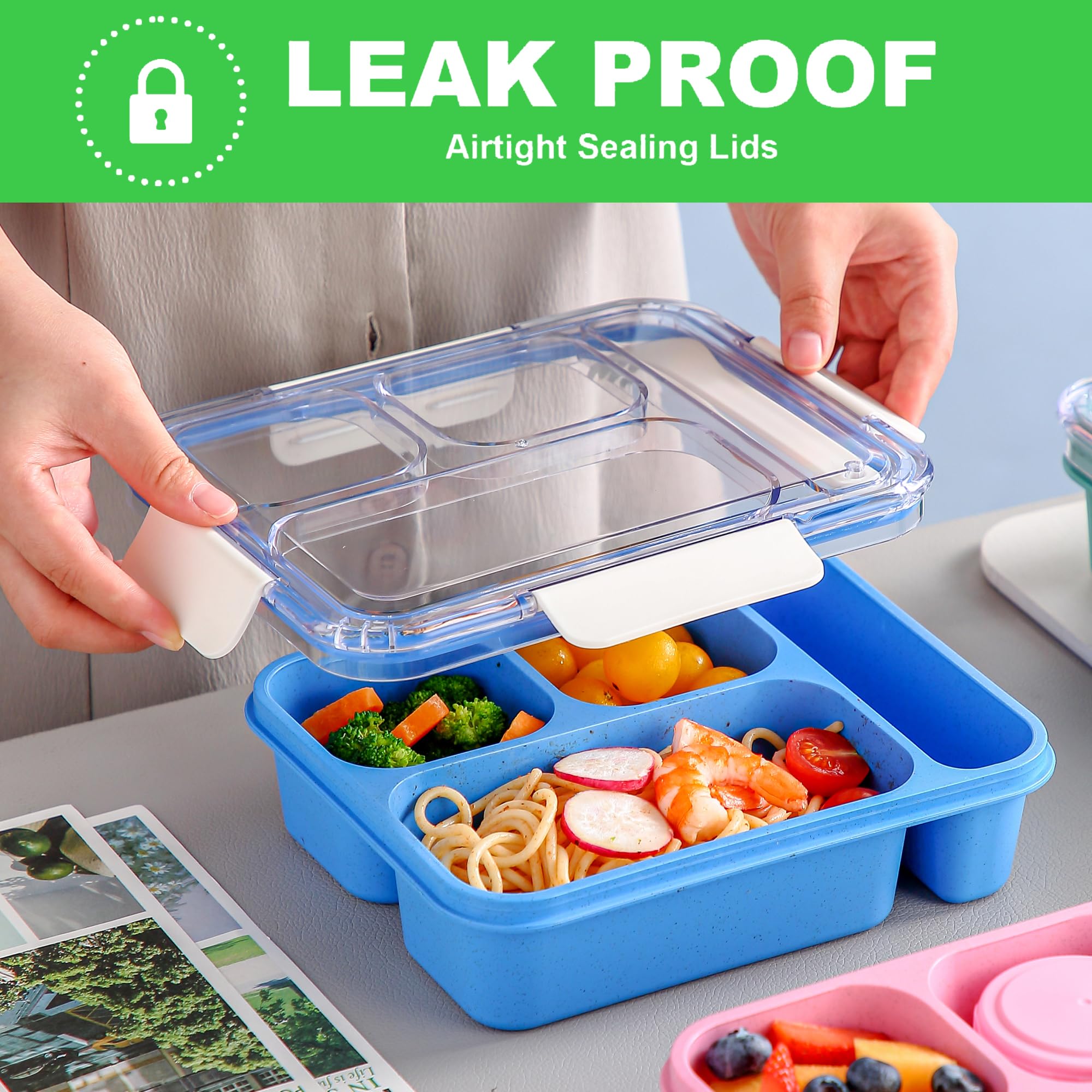 XMMEYU bento box blue lid open shows three compartments for versatile meals.