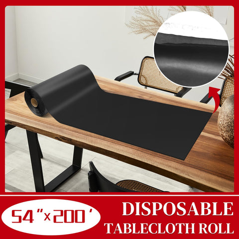 Xnluothsk black plastic tablecloth roll provides durable, wipe-clean protection for meals.