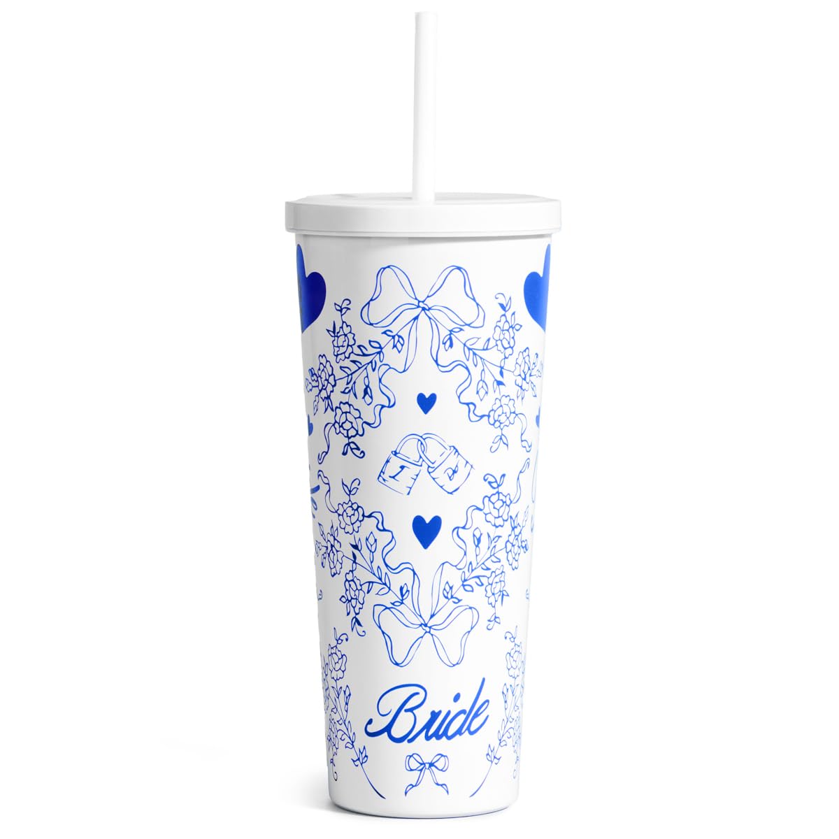 xo Fetti white blue bride tumbler shown in a bridal setting for on-the-go hydration