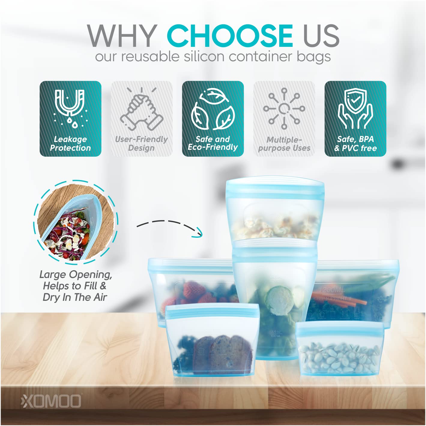 Xomoo silicone bag clear interior for quick view of items.