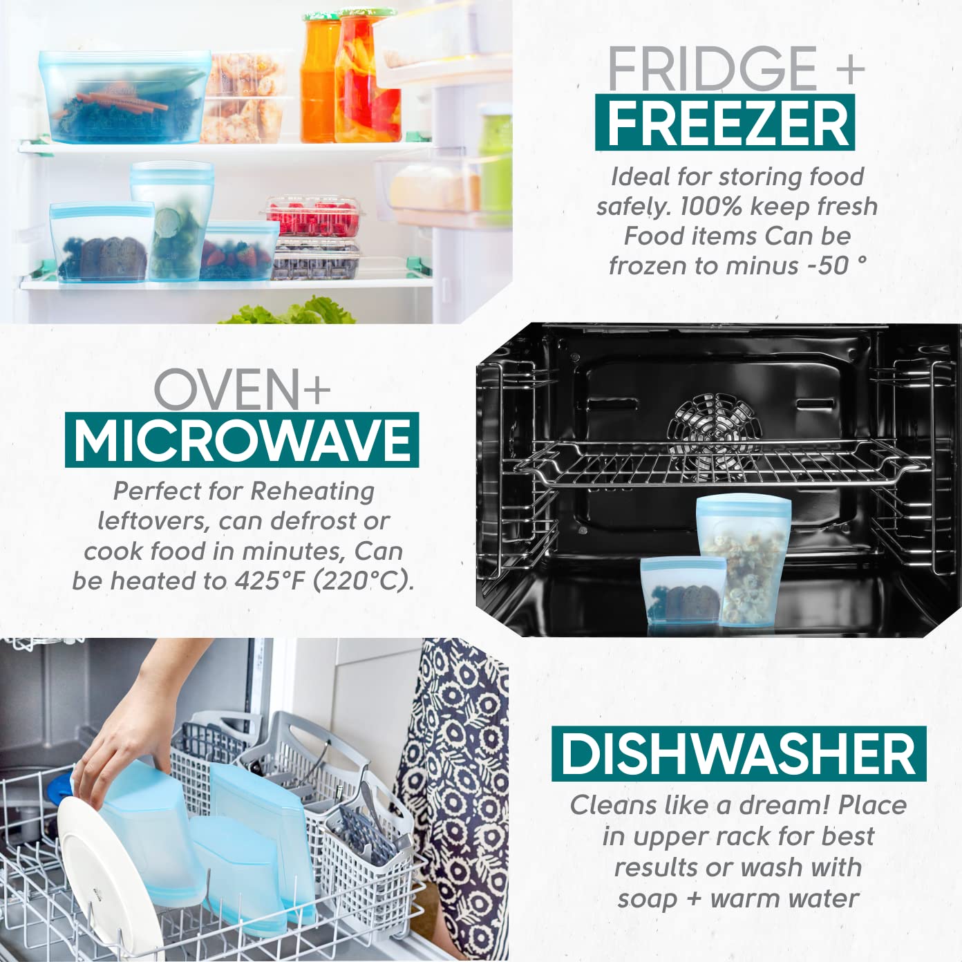 Xomoo silicone bag fridge, microwave, and dishwasher compatible.