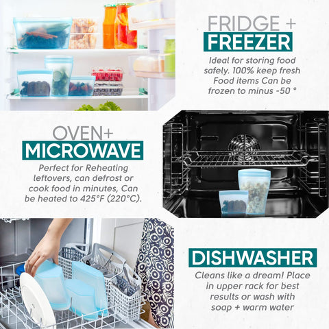 Xomoo silicone bag fridge, microwave, and dishwasher compatible.