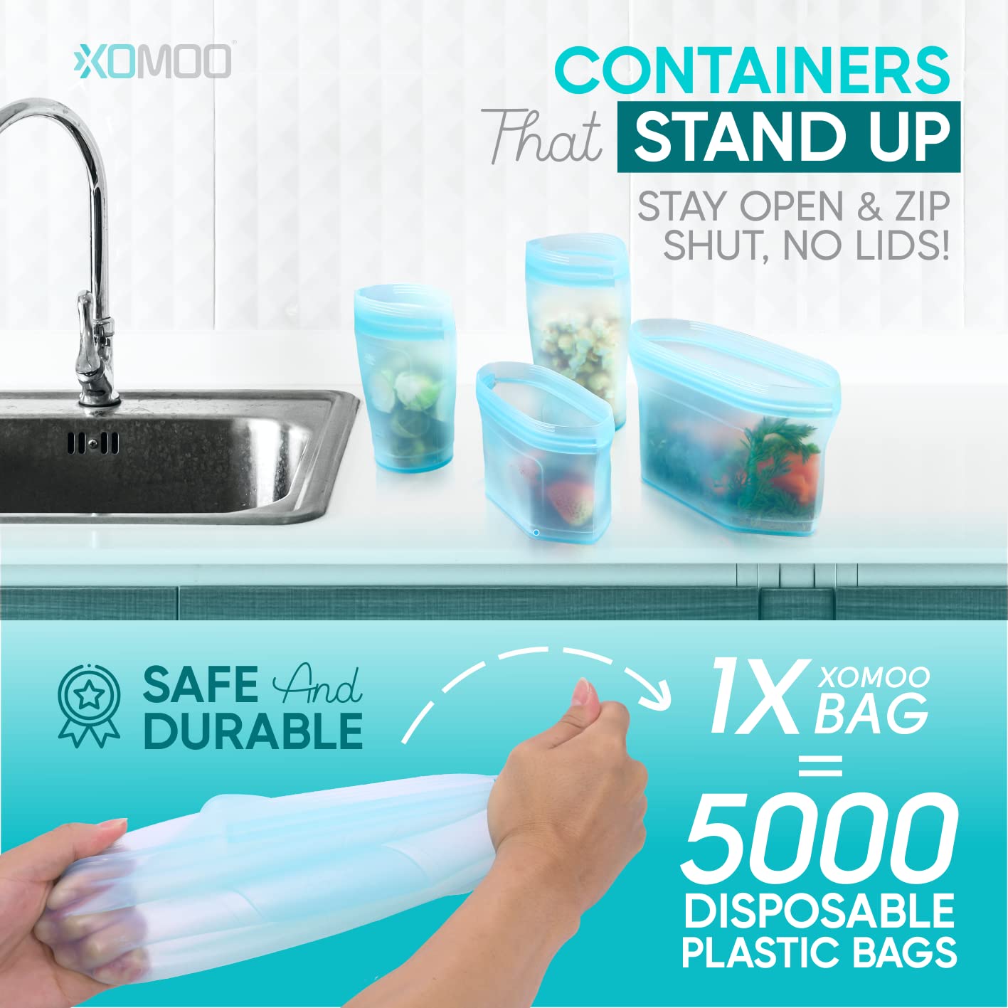 Xomoo silicone bag stand-up bottom keeps contents upright and visible.