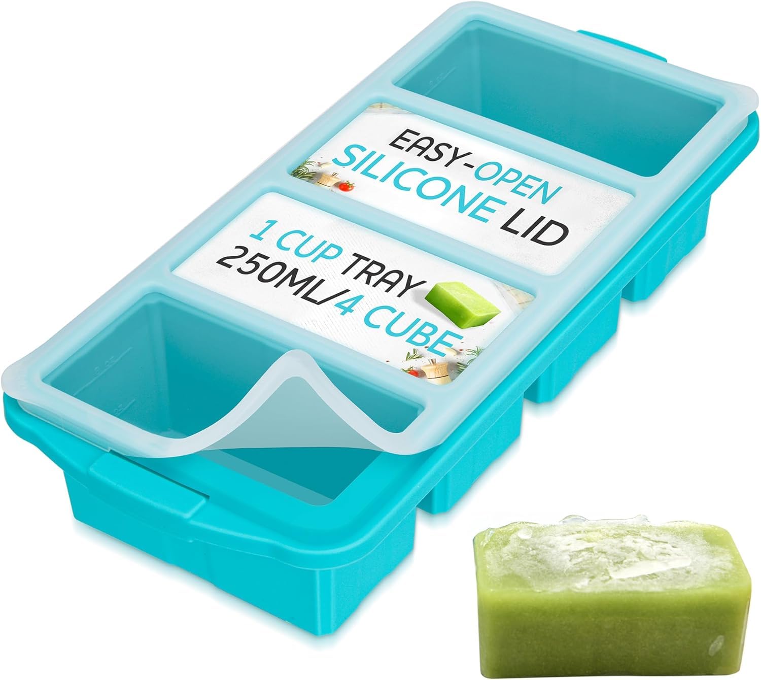 Xomoo silicone freezer tray with lid showing organized 1-cup portions for precise prep