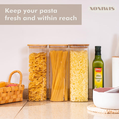 Xoniwis tall glass pantry containers in a 3-pack for organization.
