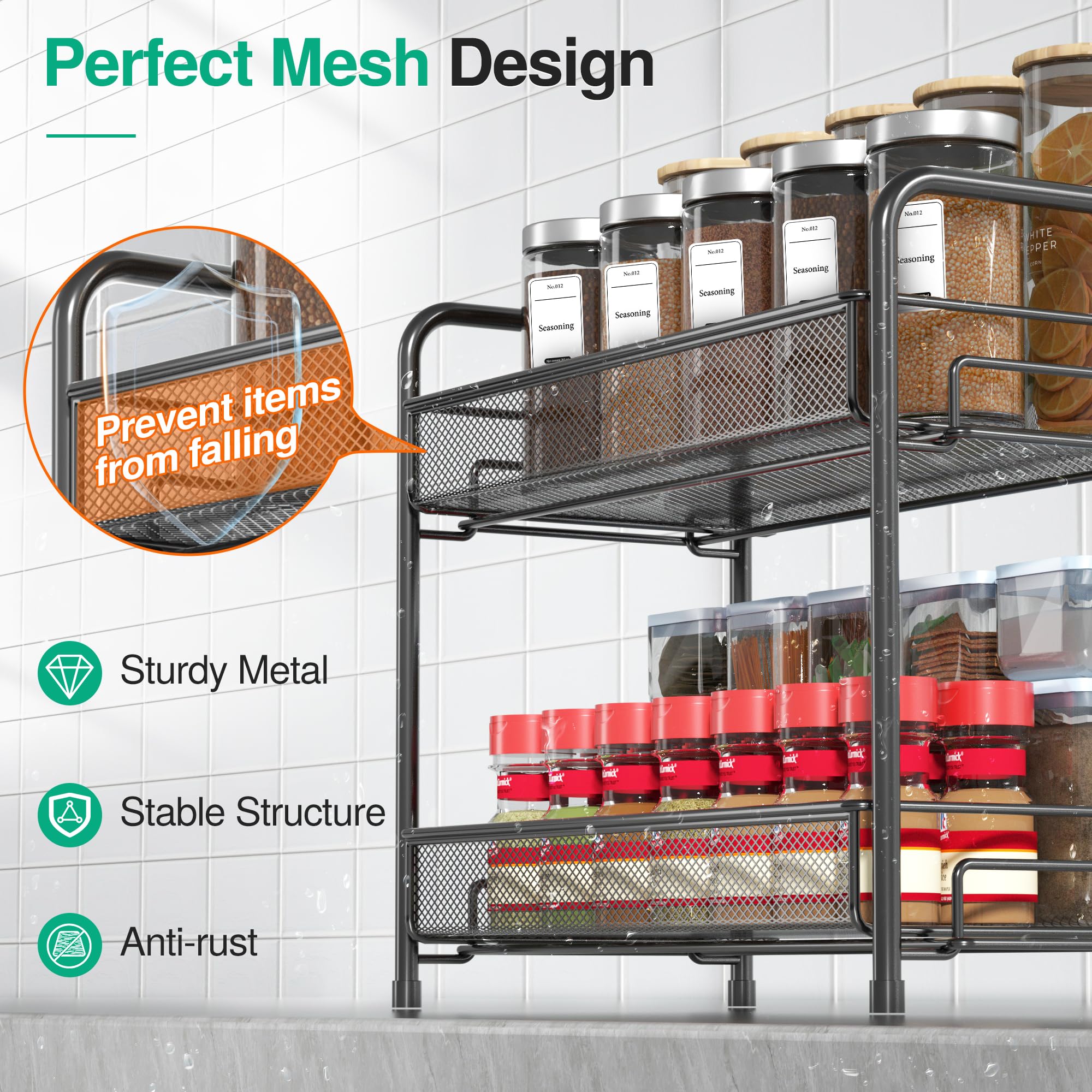 Xpatee Spice Rack features anti-slip feet on a glossy kitchen surface