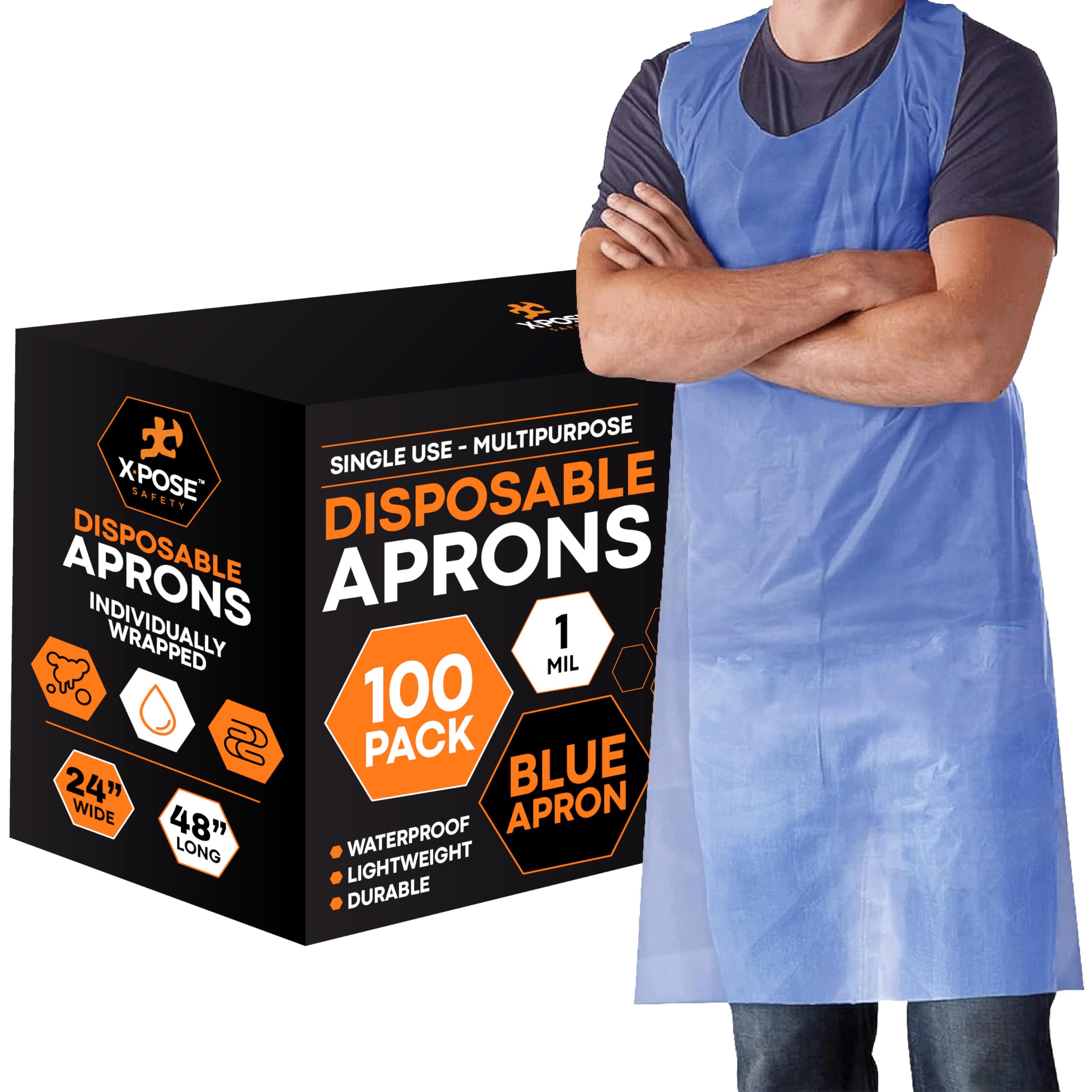 Xpose Safety 100 blue disposable apron, packaged for convenient, ready-to-use protection.