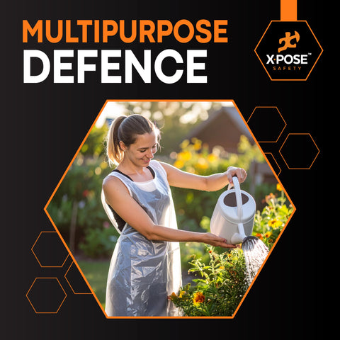 Xpose Safety 100 White Apron in outdoor gardening scenarios for mess protection.