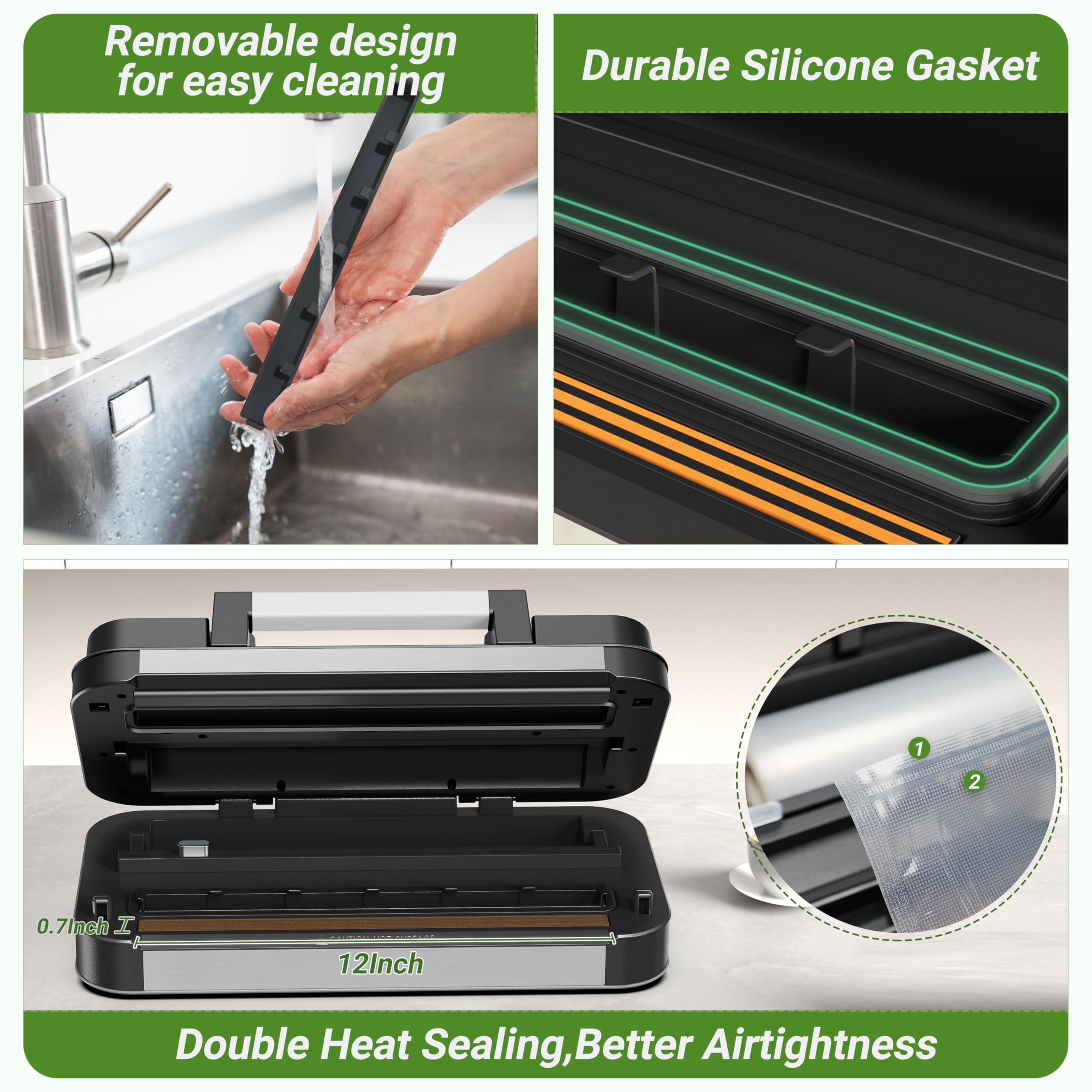 XQDCZR removable drip tray keeps countertops clean during sealing.