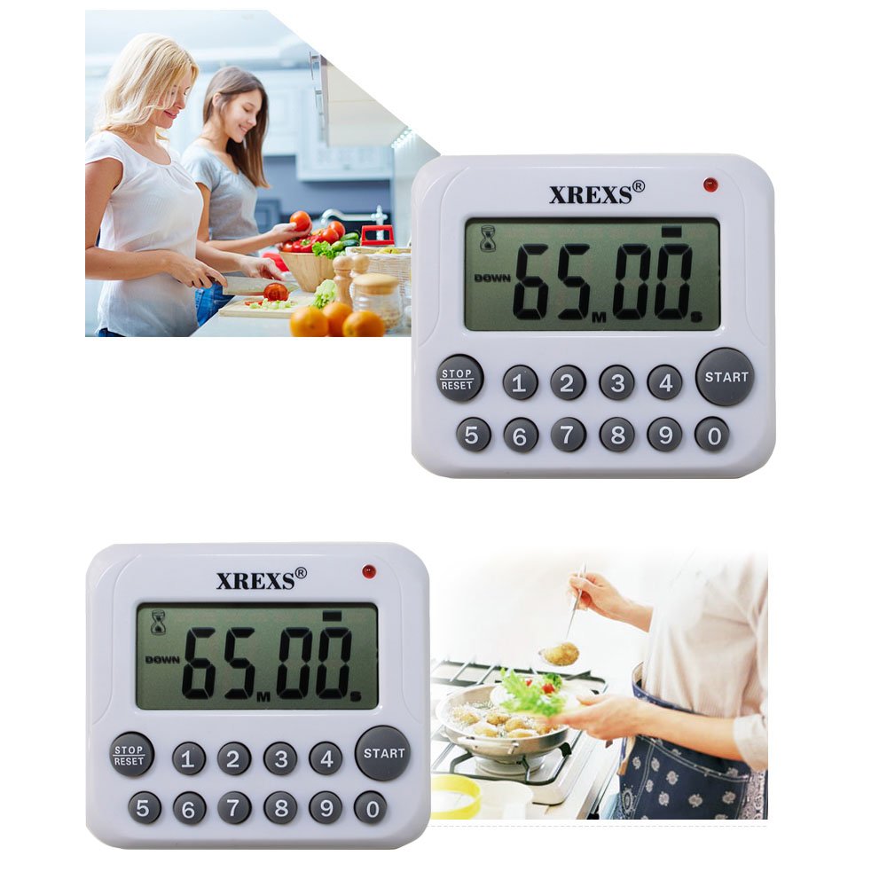 XREXS digital kitchen timer clip-hang design for flexible placement.