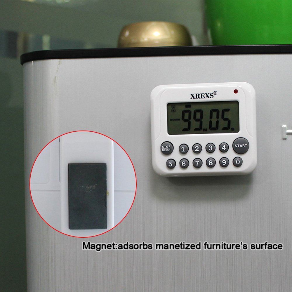 XREXS timer includes retractable stand for countertop use.