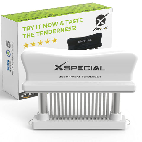 XSpecial 48-blade meat tenderizer close-up shows precision blades for tender results.