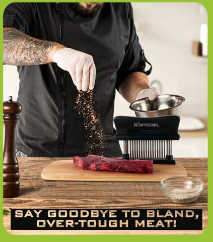XSpecial meat tenderizer with ergonomic weighted grip offers controlled, comfortable pressure.
