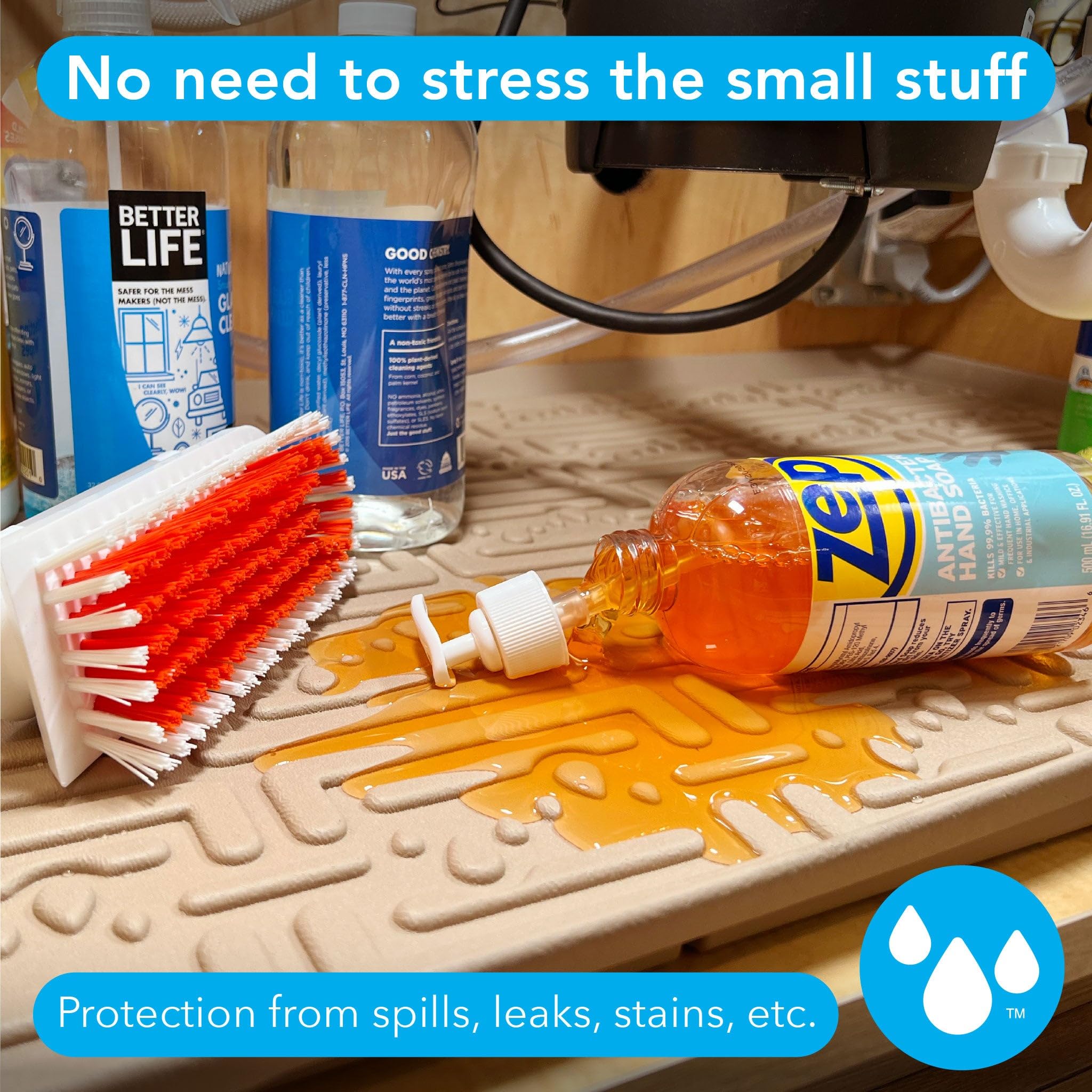 Xtreme Mats undersink mat shows angled side walls to contain spills.