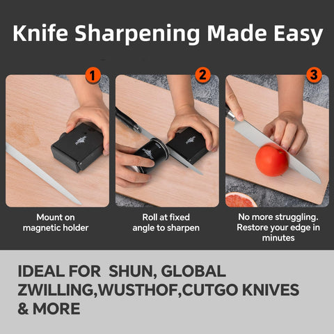 Diamond grit disc in action restores a sharp edge on everyday kitchen knives.