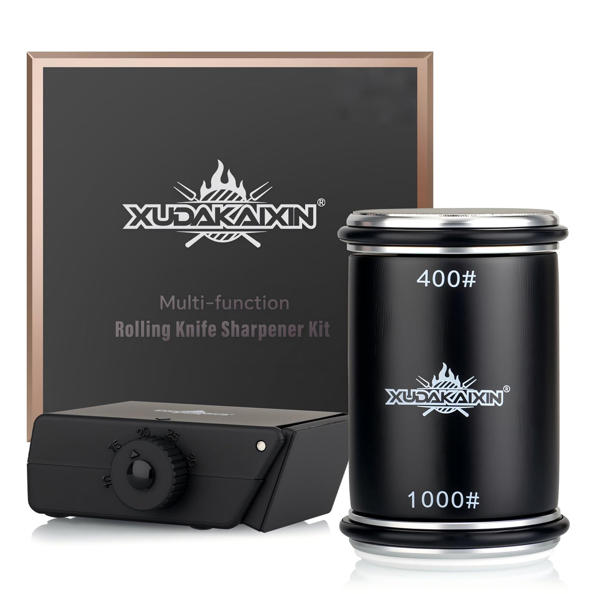 XUDAKAIXIN knife sharpener rolling system with angle selector for precise blade sharpening.