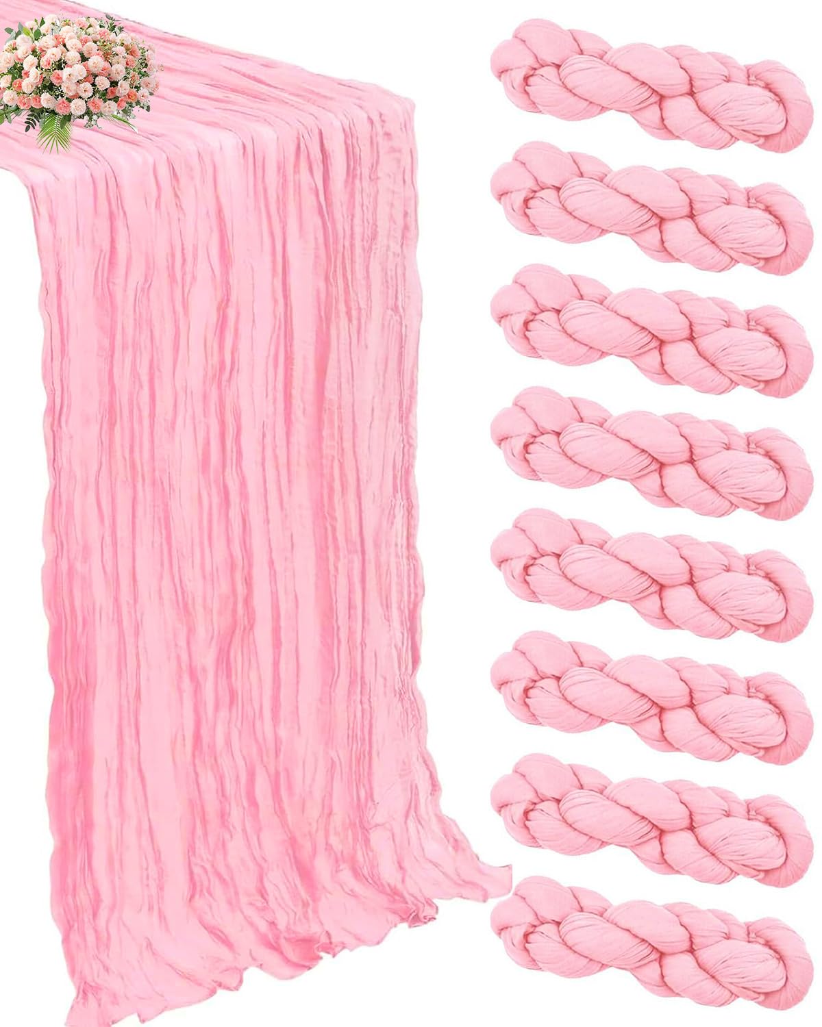 Xuehua 8-pack pink cheesecloth runners laid out for long-table decor.
