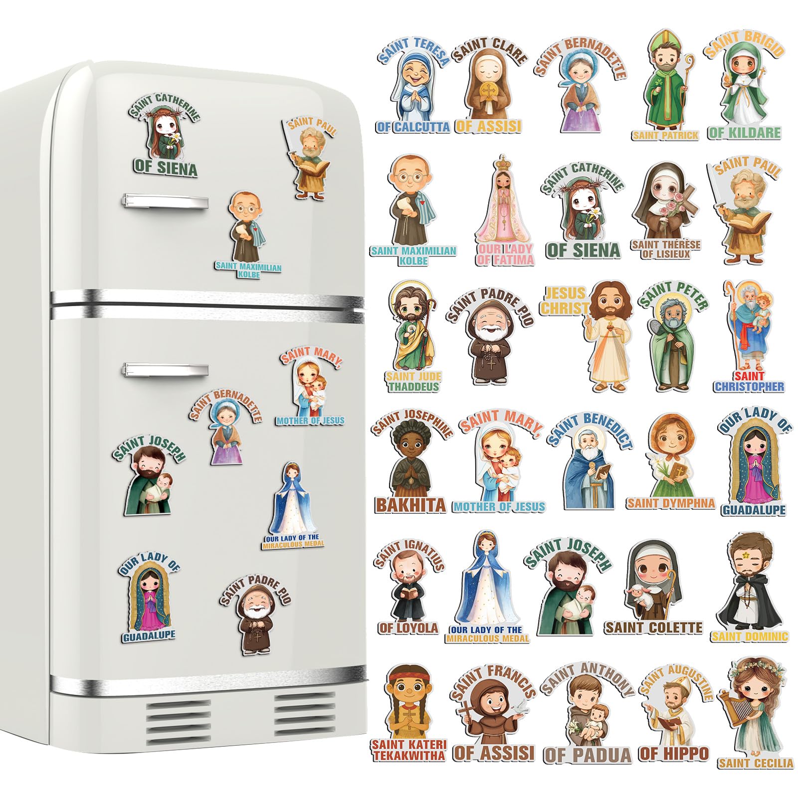 Xuhal Catholic Saints magnets with assorted designs for fridge decoration and daily inspiration.