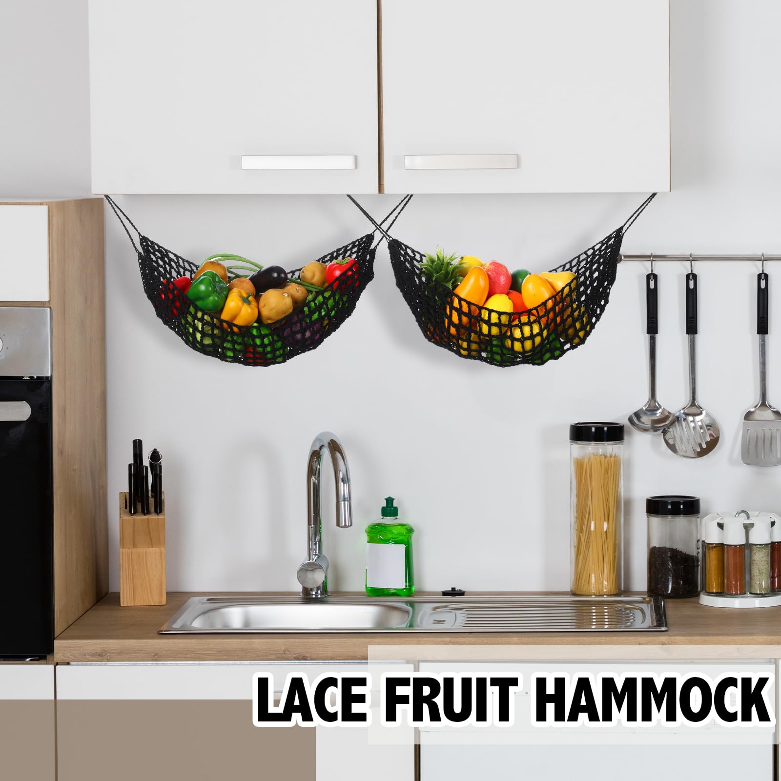 Xuhal under cabinet macrame basket keeps kitchen organized with mesh design.