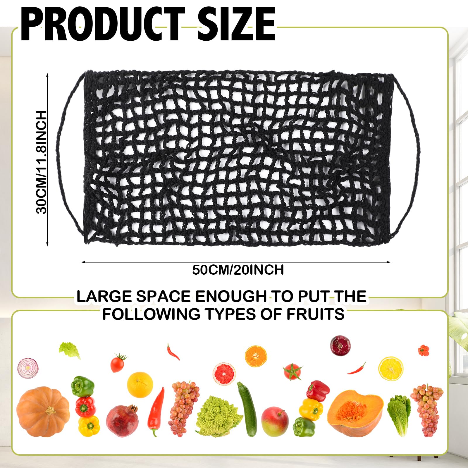 Xuhal hanging fruit hammock adds Boho charm while storing produce and snacks.