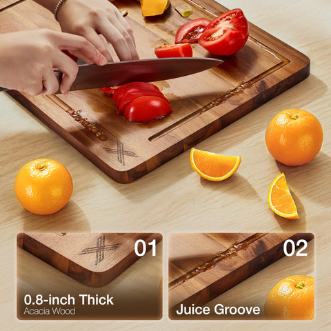 Xushro Acacia boards with juice grooves to catch liquids