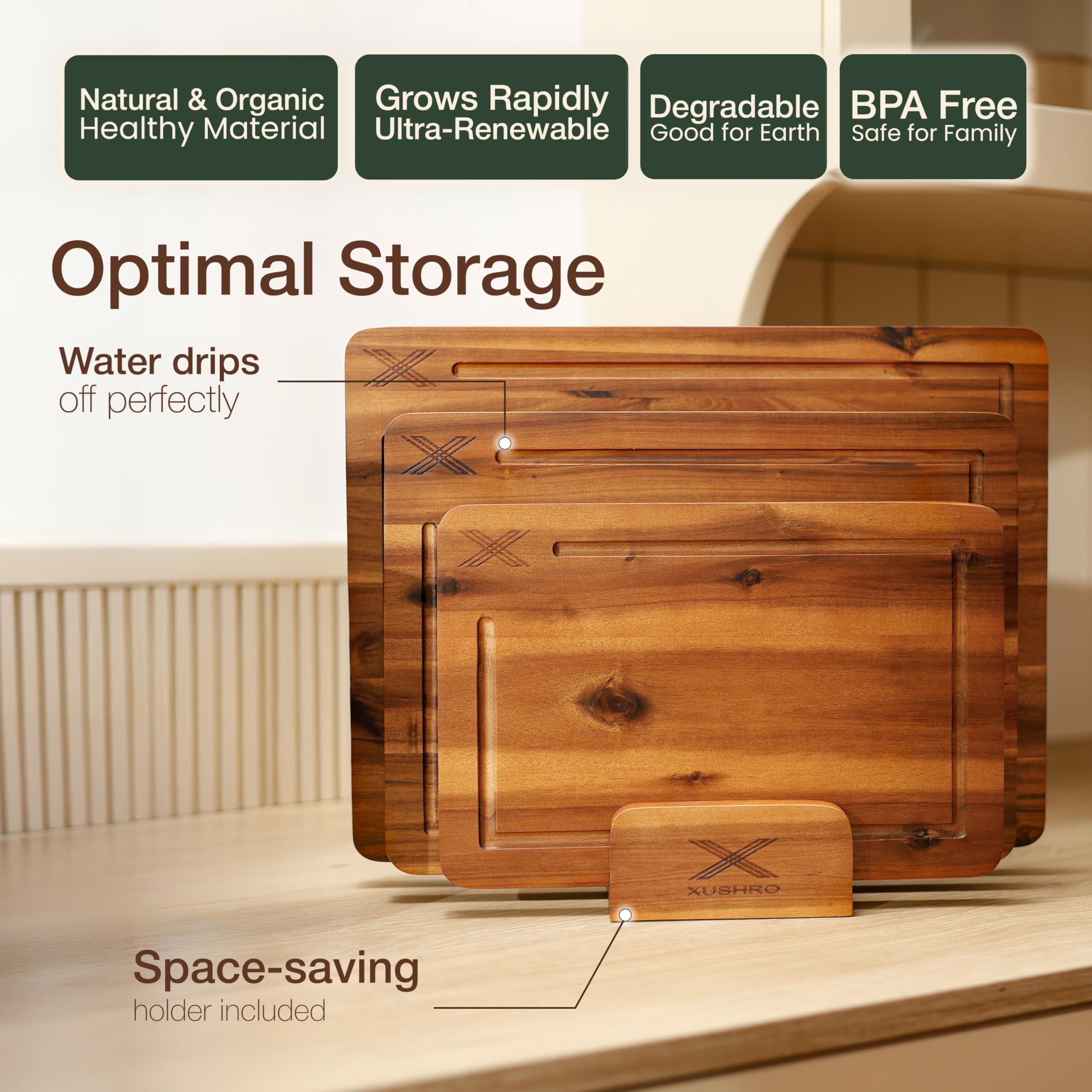 Xushro Acacia wood cutting board stand for drying and storage