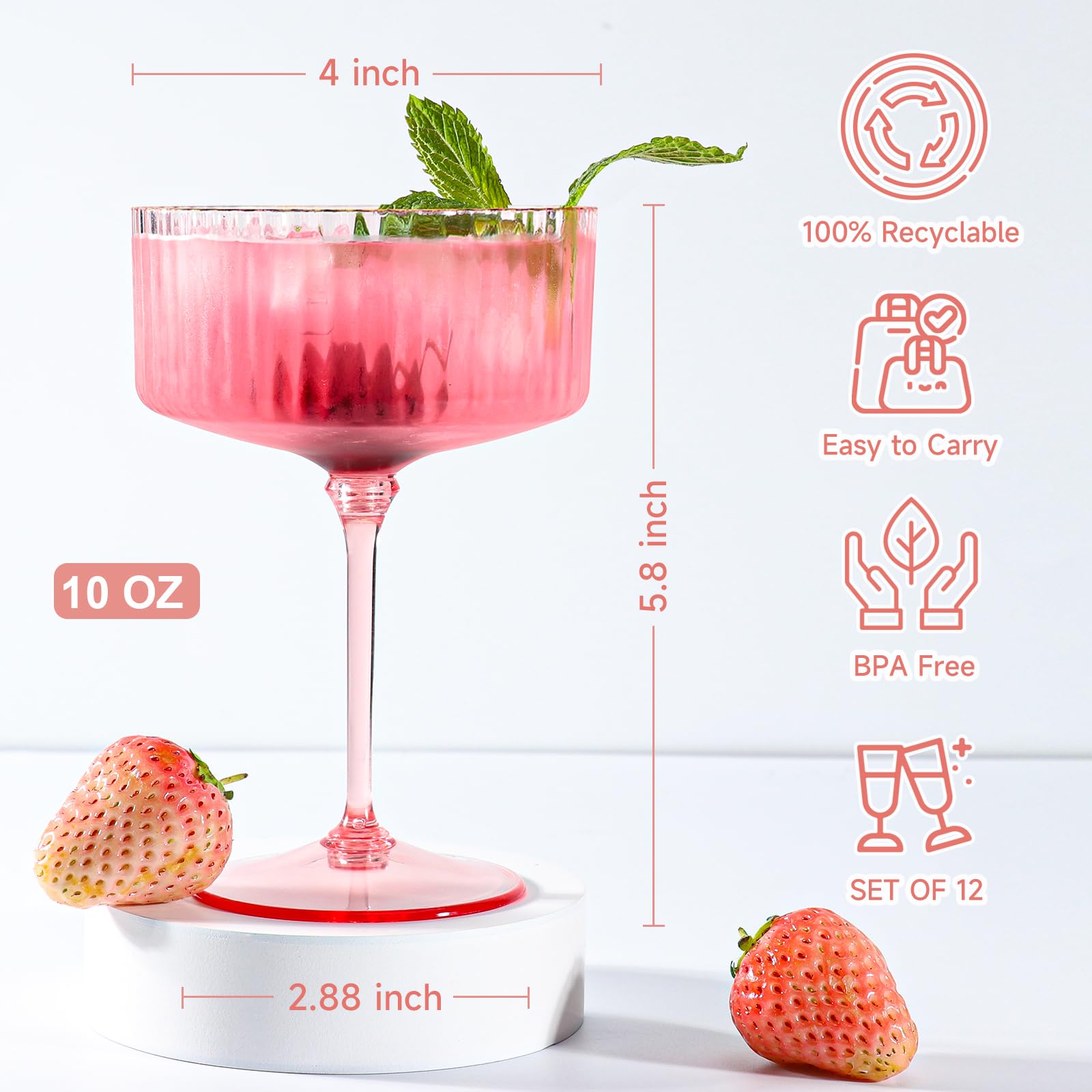 XUWAIDSGN pink translucent coupe glasses highlight safe, portable entertaining with detachable stems.