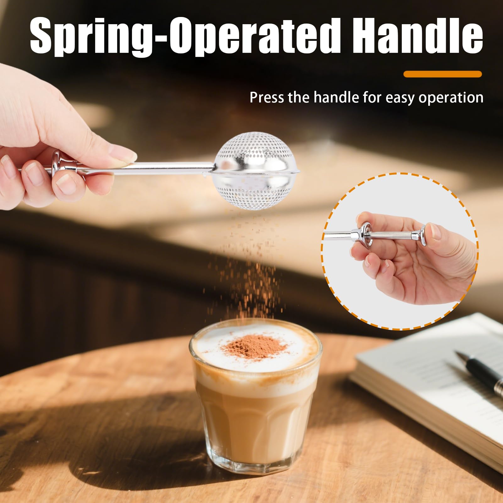 XuYelora sifter dusting cocoa powder on batter-ready desserts