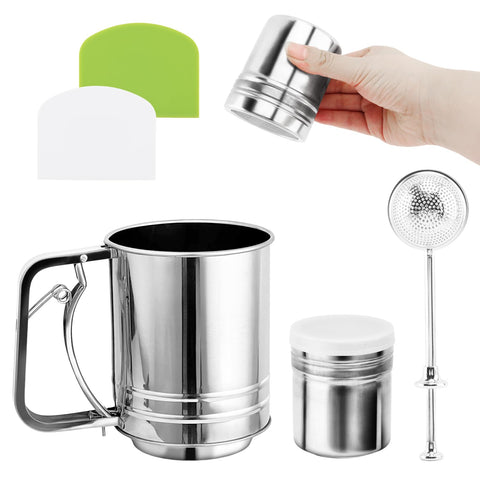 XuYelora sifter in a baking setup with cocoa dust