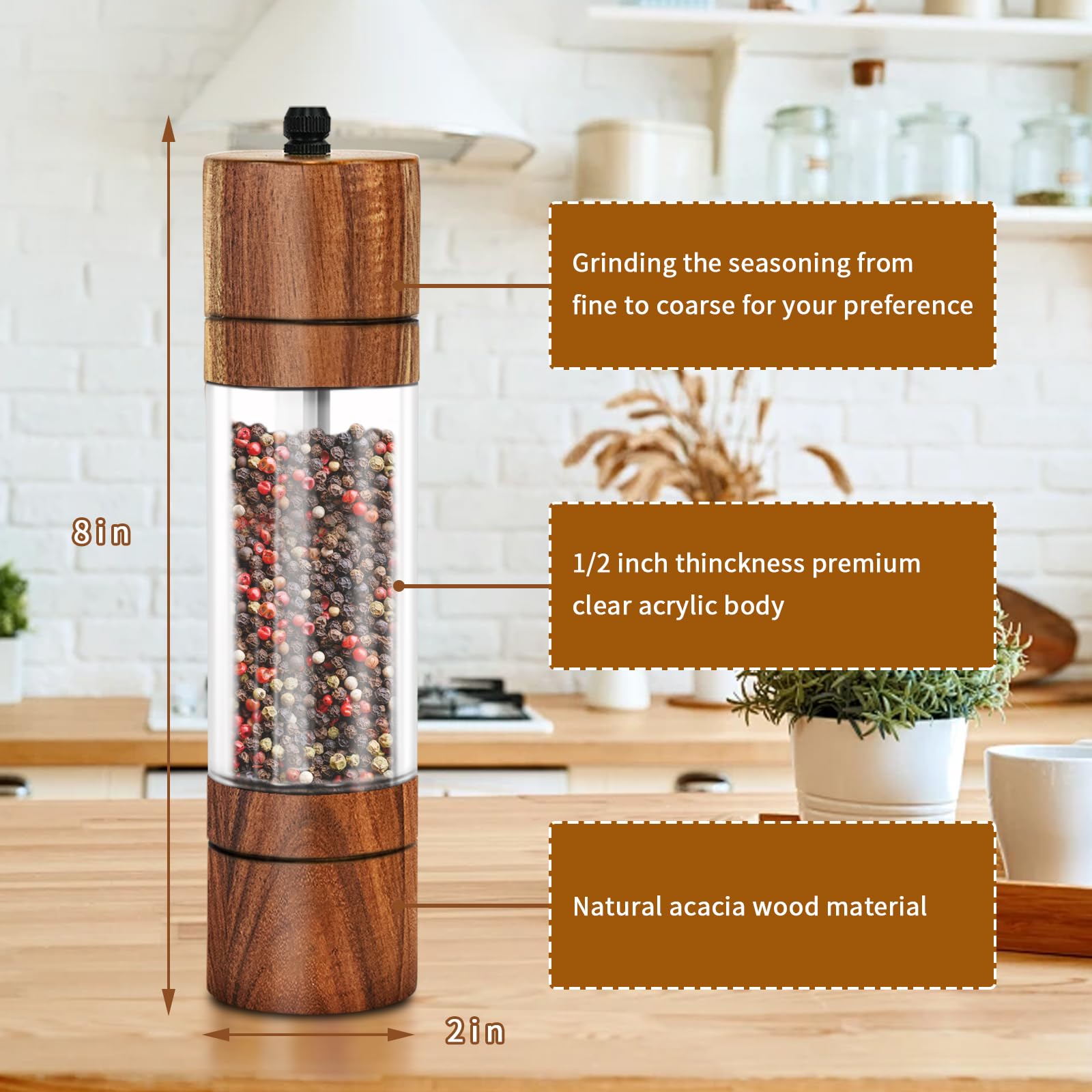 XWXO acacia pepper grinder 8in with clear acrylic body and adjustable grind.