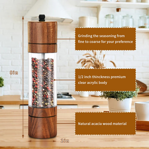 XWXO acacia pepper grinder 8in with clear acrylic body and adjustable grind.