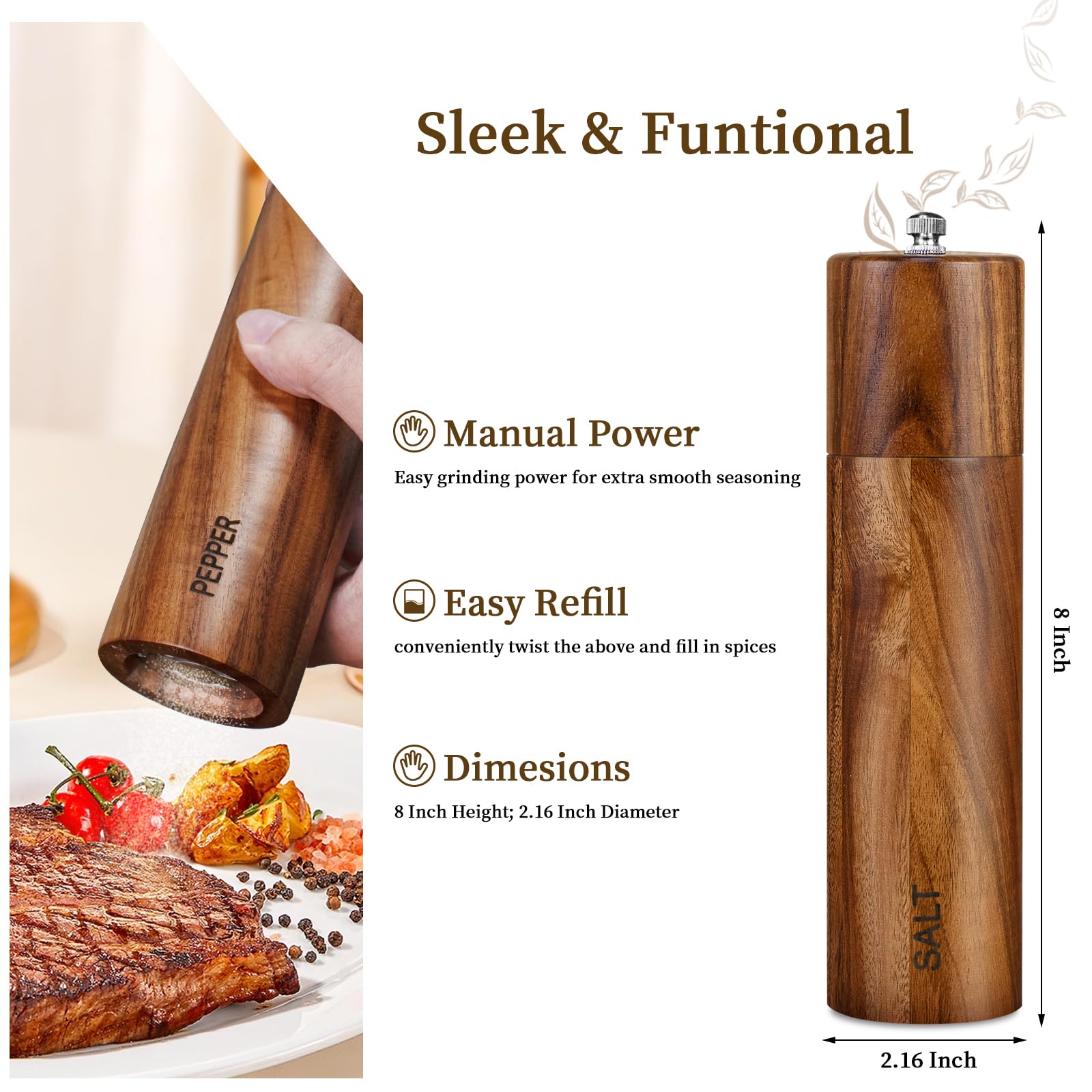 XWXO Acacia grinder with ceramic core for consistent grind texture