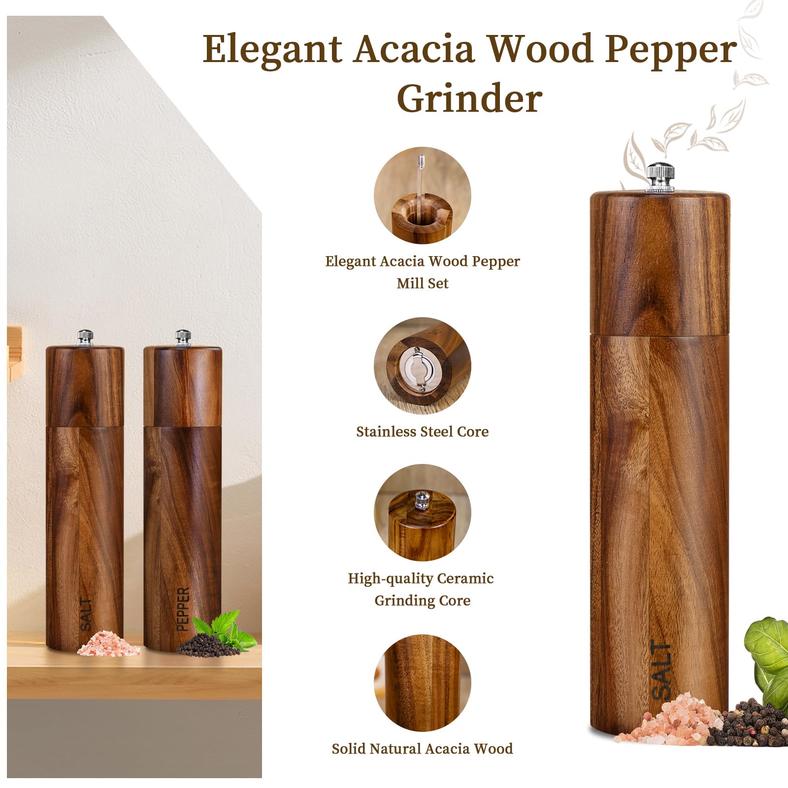 XWXO Acacia grinder with stainless steel accents for modern kitchen style