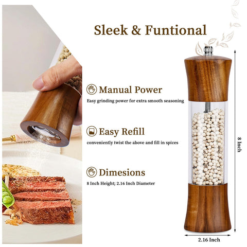 XWXO acrylic-clear body salt and pepper grinders enable quick content checks.